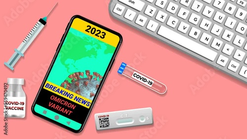 omicron varient news in mobile phone with injection, covid test kit, injection and key board animation. photo