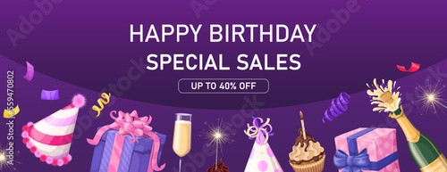 Happy birthday special sales design template vector illustration. Cartoon cake, surprise gift and decoration elements to celebrate birthday, anniversary in advertising banner with discount offers