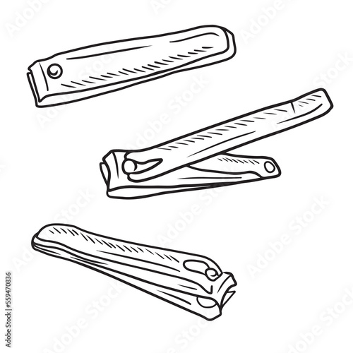 Realistic nail clippers for manicure and pedicure, nail care in black isolated on white background. Hand drawn vector sketch illustration in doodle engraved vintage outline style. HEalth care, beauty.