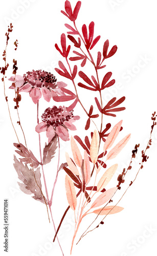 Subtle wildflowers boho bouquet painted in watercolor. Dried beige herbs, grass floral border, arrangement. Botanical boho elements isolated on white. Wedding invitation, greeting, card, printing