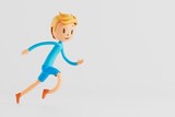 3d cartoon character boy in running action. 3d illustration. white background. male rendering. fitness activity. healthy concept. copy space. sport competition. clean render. jogging workout program