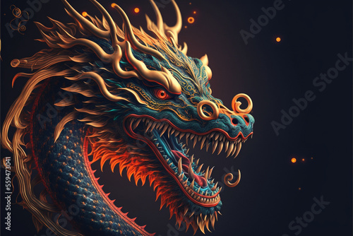 traditional Chinese dragon head illustration on black background, Chinese new year art, computer generated