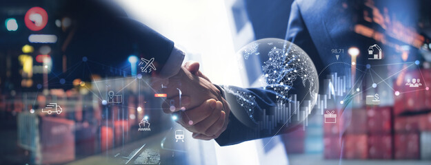 Smart logistics, Global business concept. Businessman making handshake for successful business, investment deal teamwork and partnership business partners on logistic global network and supply chain
