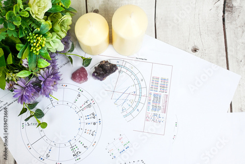Foto Printed astrology charts, work place for astrologer, life mapping, blueprint of