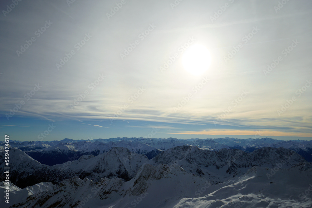 Beautiful nature view of Zugspitze peak in winter with snow capped mountains. Beautiful nature view of Zugspitze peak in winter with snow capped mountains.