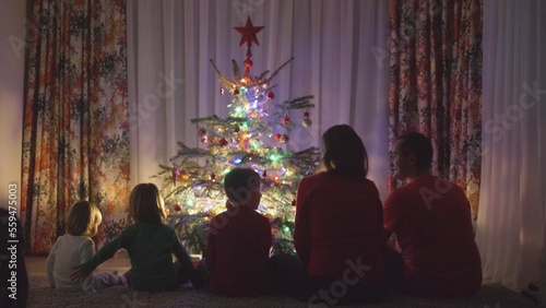 Silhouette of big family in front of Christmas tree enjoy colorful lights