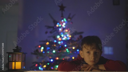 Photography Cute school boy waiting , lamp lightning, Christmas tree