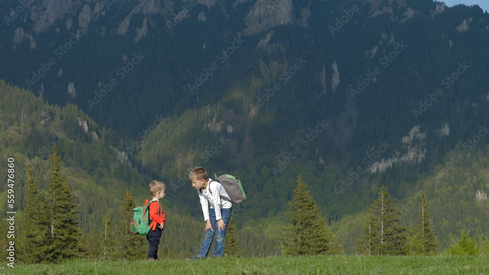 Children with backpack on mountain peak, bigger boy advice little brother