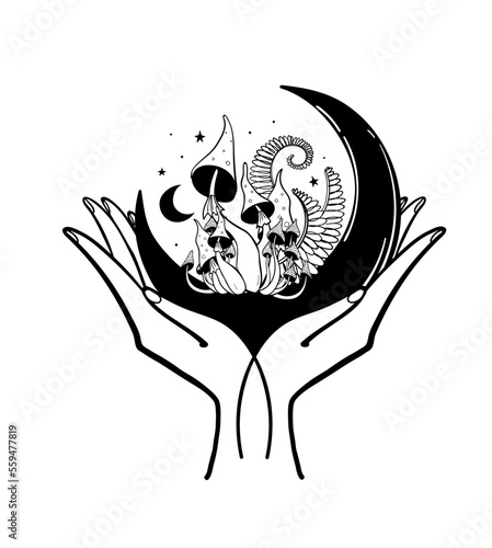 Mushroom microdosing concept, two hands hold the moon with mystical mushrooms. Esoteric line tattoo, forest composition in boho style with pagans and ferns. Vector illustration isolated on white