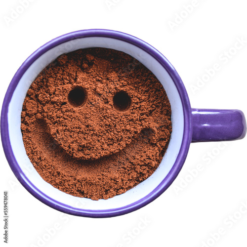 Ground coffee in a coffee cup with a smiling face