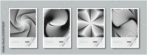 Set of modern abstract posters with optical wave lines. future, trendy modern graphic design In techno style, psychedelic art, prints for book covers, corporate brochures, etc.