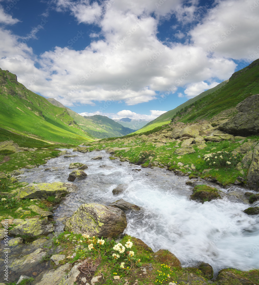 River in mountain valley at day. River in mountain valley at day.