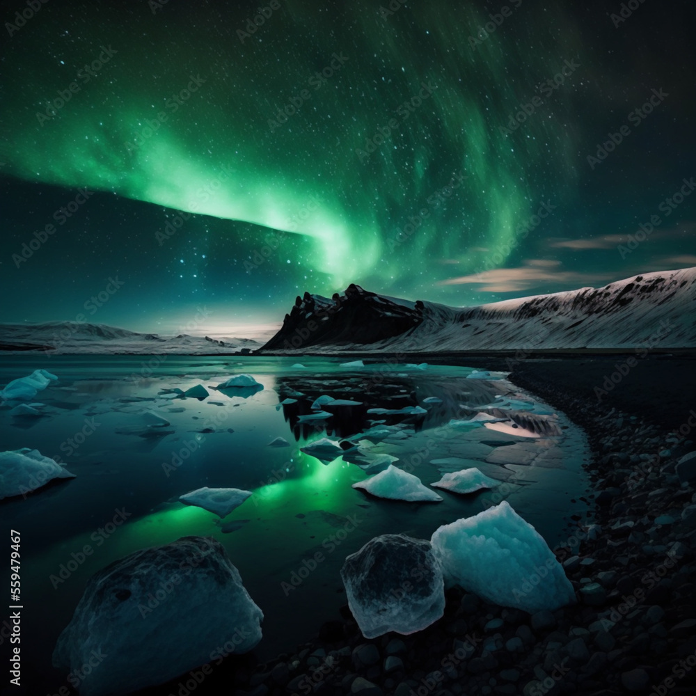 Aurora Borealis Landscape, Winter Iceland, Generative ai