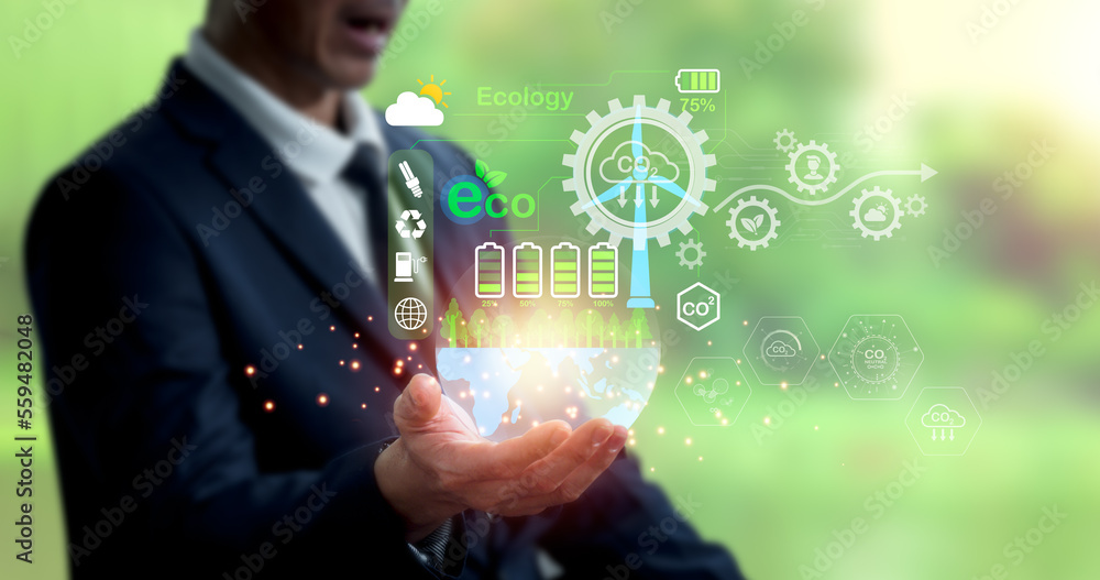 Obraz premium Net carbon neutrality. With regard to business, the hand of pollution and effective management with netzero symbols - renewable energy, reduced CO2 emissions, green production, and waste recycling