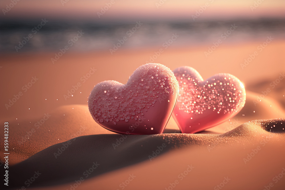 Fototapeta premium Two pink heart on sunset beach with bokeh light background. Love valentine and nature concept. Generative AI
