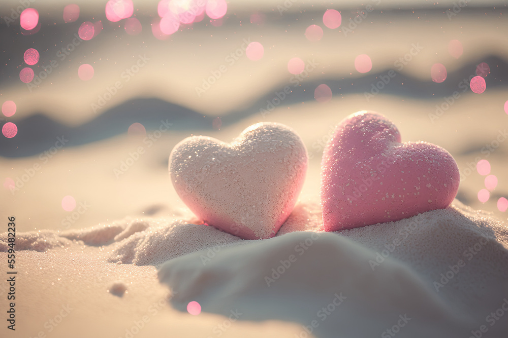 Two pink heart on sunset beach with bokeh light background. Love valentine and nature concept. Generative AI Two pink heart on sunset beach with bokeh light background. Love valentine and nature concept. Generative AI