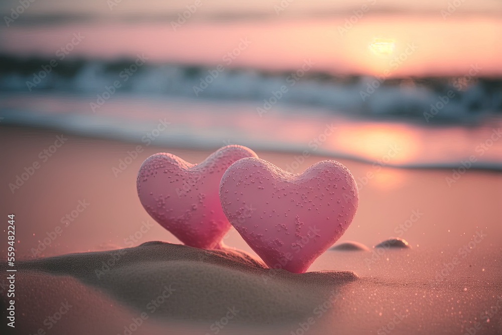 hearts in the sand at sunset