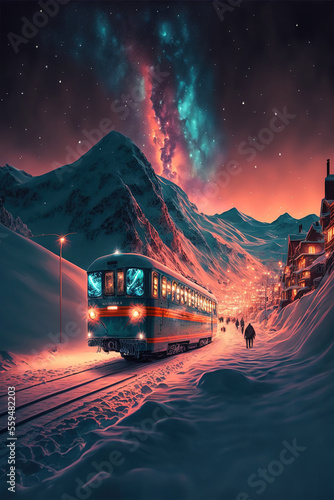 train in a winter night with snow covered mountains