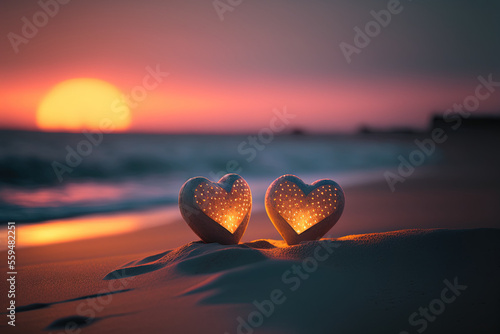 Two pink heart on sunset beach with bokeh light background. Love valentine and nature concept. Generative AI