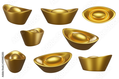 Realistic Chinese gold ingots set isolated on transparent background. Traditional Chinese New Year decorations