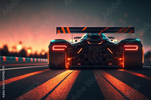  a futuristic race car driving down a road at night time with a bright light on the front of it's headlight and a red tail light on the front of the car is glowing., generative ai