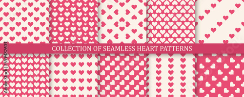 Collection of seamless simple patterns with hearts - 14 february concept. Repeatable red backgrounds for Valentine`s day. Cute love prints