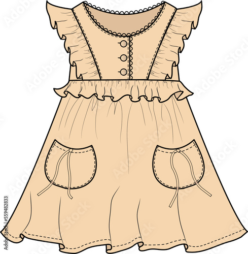 KID GIRLS WEAR FRILL DRESS WITH POCKETS VECTOR
