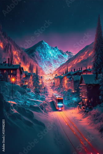 train in a winter night with snow covered mountains