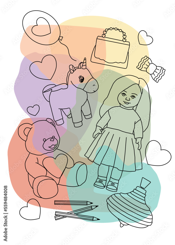 Vector illustration. A poster on a children's theme with toys on a background of multicolored spots.
Vector illustration. A poster on a children's theme with toys on a background of multicolored spots.