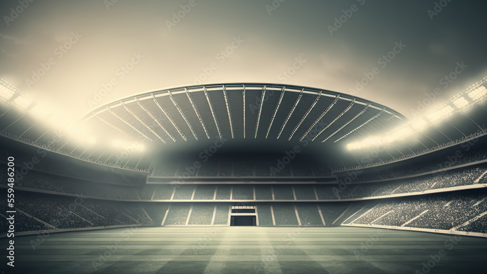 Obraz premium Football stadium with floodlighting glowing in the night time, ready for match competition. Generative Ai image.