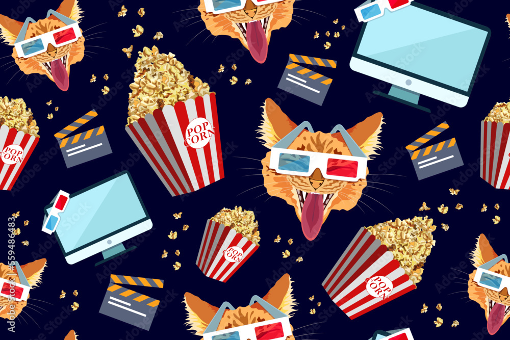 Seamless background with popcorn, clapperboard, computer and cat in 3d ...