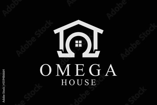 Simple Geometric Omega symbol with House for Real Estate Apartment Business Logo
