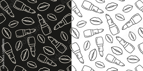 doodle pattern for girls, cosmetology company. Doodle background for banner design, advertising poster. Lips and lipstick poster on black and white background