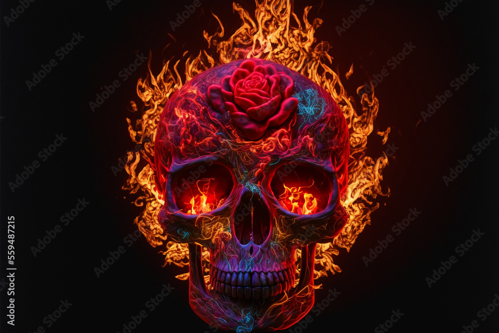 Scary love, Human skull and roses with fire flames Illustration for Valentine's Day or halloween, Generative AI. Scary love, Human skull and roses with fire flames Illustration for Valentine's Day or halloween, Generative AI.