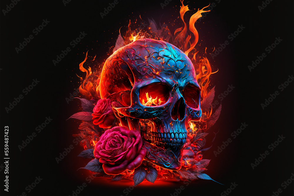 Scary love, Human skull and roses with fire flames Illustration for Valentine's Day or halloween, Generative AI. Scary love, Human skull and roses with fire flames Illustration for Valentine's Day or halloween, Generative AI.