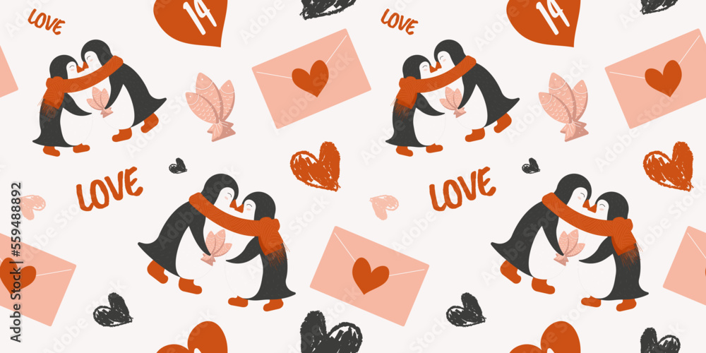 Cute penguins, love hearts seamless pattern on Valentine's Day for gift, wrapping paper, card. Typography art, love letter, 14 February Cute penguins, love hearts seamless pattern on Valentine's Day for gift, wrapping paper, card. Typography art, love letter, 14 February