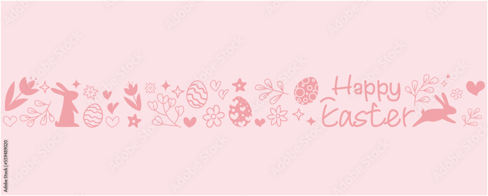 Happy easter decoration background. bunnies, eggs, flowers and leaves decoration easter banner. Vector illustration. 