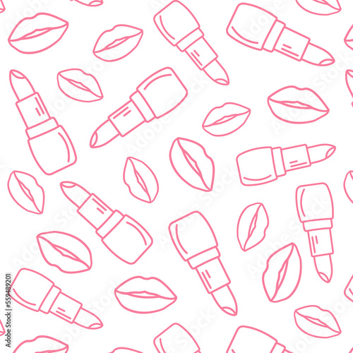 doodle pattern for girls, cosmetology company. Doodle background for banner design, advertising poster. Poster with lips and lipstick on a white background with pink lines