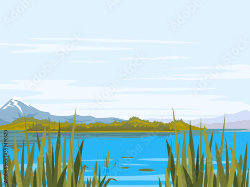 Lake with bulrush plants, cane and lily, big mountains with snow peaks, mountains, forest hills, fishing place, lake travel background picturesque terrain on a windless day