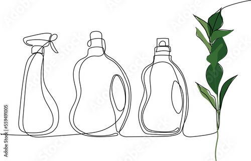 Continuous one line drawing of bottles for liquid laundry detergent, bleach, fabric softener, dishwashing liquid or another cleaning agent. Easy to place your text and brand logo. Vector illustration