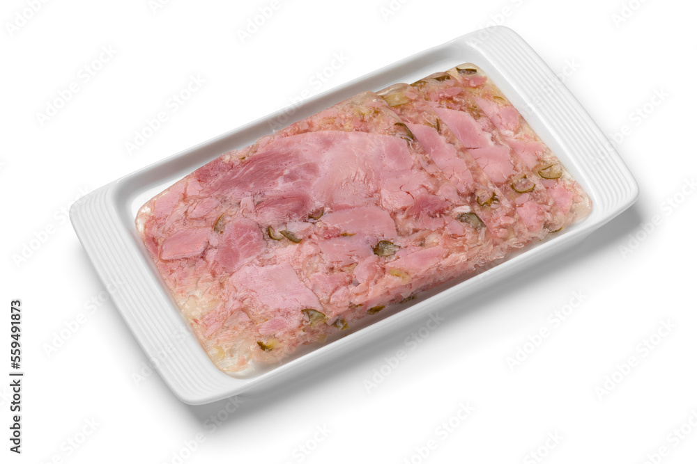 Dish with sliced Greman head cheese, Schinkensulze, close up isolated on white background Dish with sliced Greman head cheese, Schinkensulze, close up isolated on white background