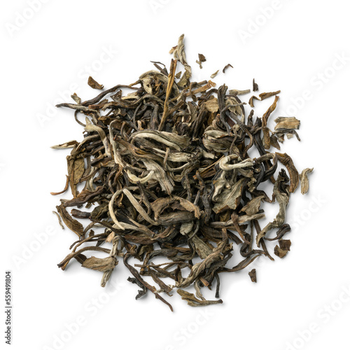Heap of dried Chinese Monkey King of Jasmin tea leaves close up isolated on white background