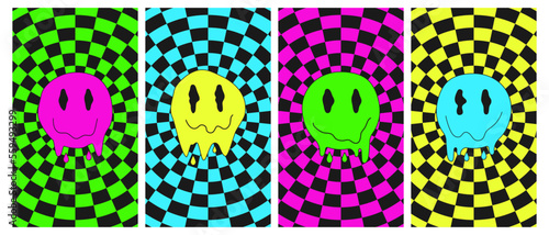 Set of psychedelic posters with quirky face. Melted smile faces in trippy acid rave style. Groovy retro backgrounds in psychedelic checkered.Vector illustration