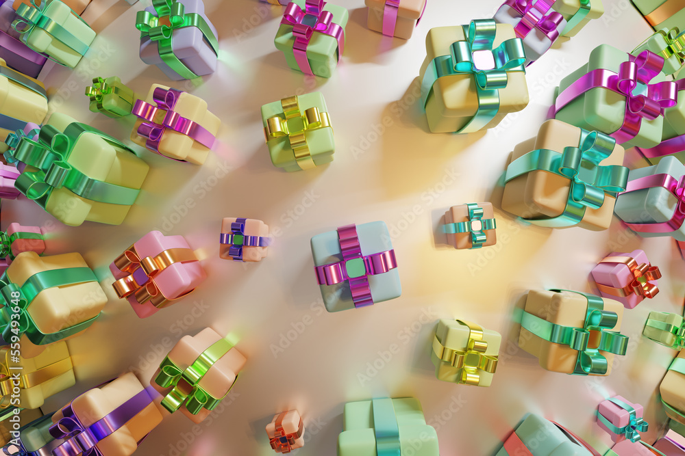 Gift boxes with bows on a ball sphere.Holidays sale close-up 3d render