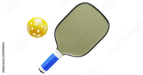 Pickleball racket and ball for playing. Close up set of sports equipment 3D rendering