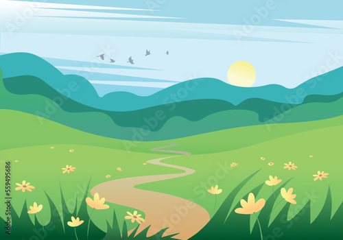 Beautiful landscape in summer with fields, forests, flowers and birds against a blue sky. Vector illustration of nature