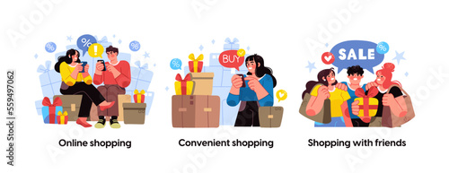 Online shopping and E-commerce concept set. Sale, orders, online payment, delivery, loyalty program. Visual stories collection