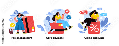 Online shopping and E-commerce concept set. Sale, orders, online payment, delivery, loyalty program. Visual stories collection