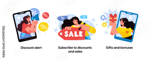 Online shopping and E-commerce concept set. Sale, orders, online payment, delivery, loyalty program. Visual stories collection