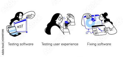 Programming Illustration Set. Different characters working on web and application development on computers. Software developers. Visual stroies collection